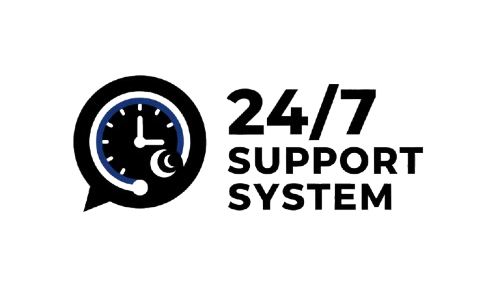 Logo of a 24/7 support system with a speech bubble and clock icon on a white background.