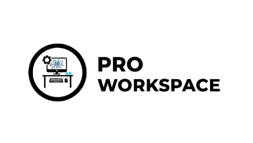 Logo for Pro Workspace with a computer icon on a white background