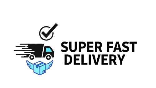 Super fast delivery logo with a check mark, truck, and package icon on a white background.