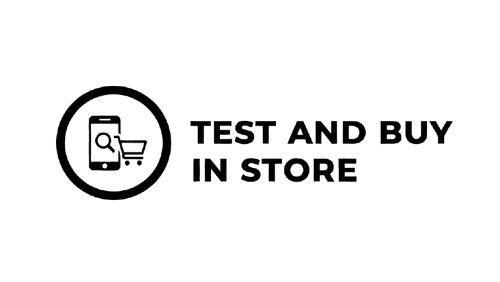 Logo with text 'Test and Buy in Store' featuring a smartphone and shopping cart icon on a white background.