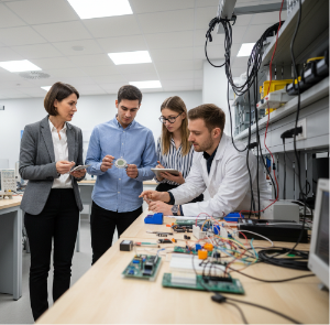 mentoring team of 3 people in workspace where people working with electronic sensors